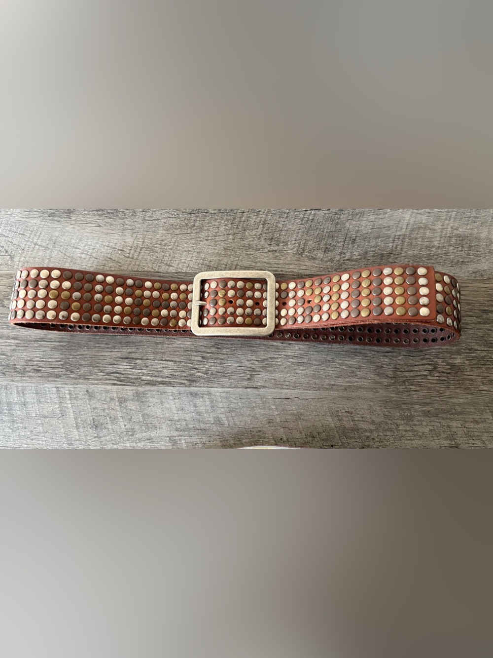 Studded Brown Leather Cowboys Belt with Antique Silver Buckle, size 85